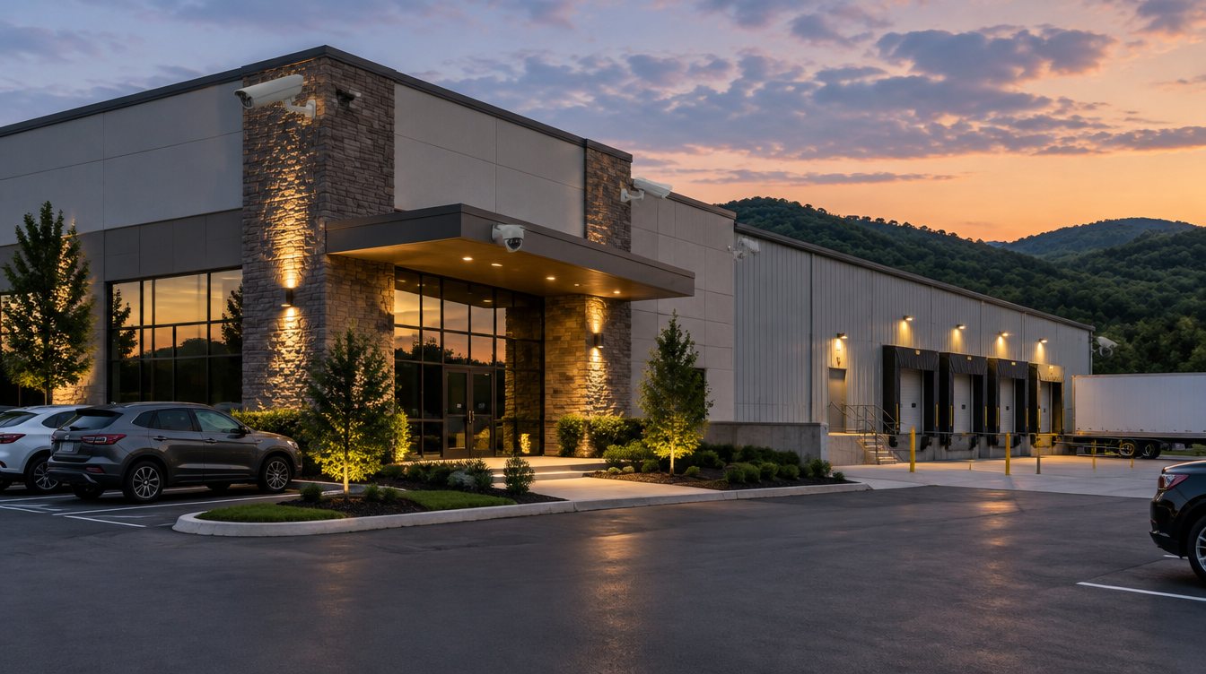 Commercial building at dusk with security cameras at the entrance, corners and loading dock