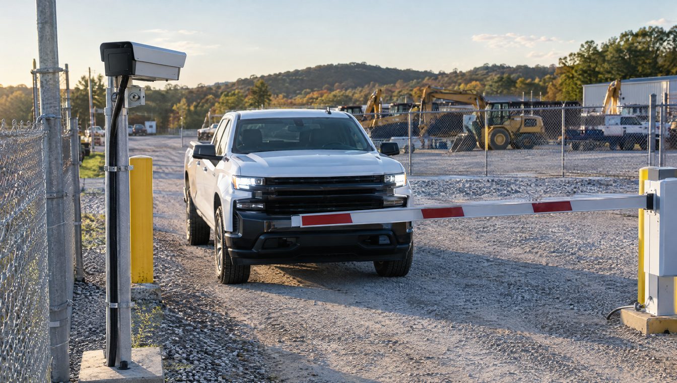 License plate recognition camera on a pole beside a business entrance gate as a pickup truck slows at the gate arm