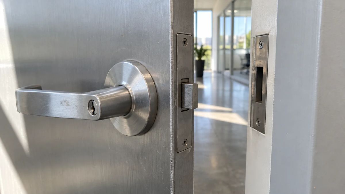 Commercial door lever and latch beside the metal strike plate on the frame