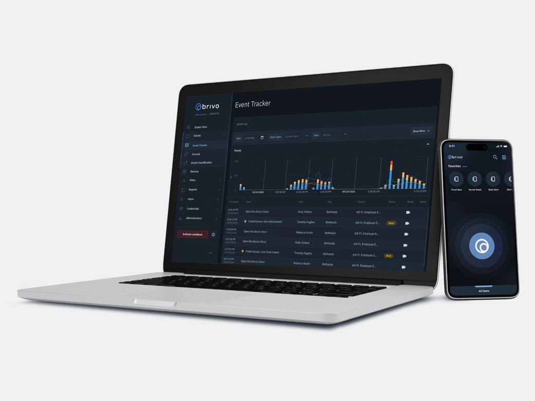 Access control management software on a laptop and a phone