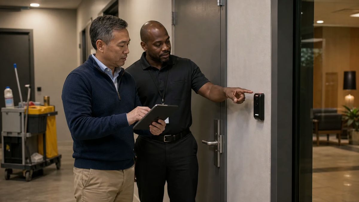 Facility manager and security technician reviewing after-hours vendor access near a secure commercial door