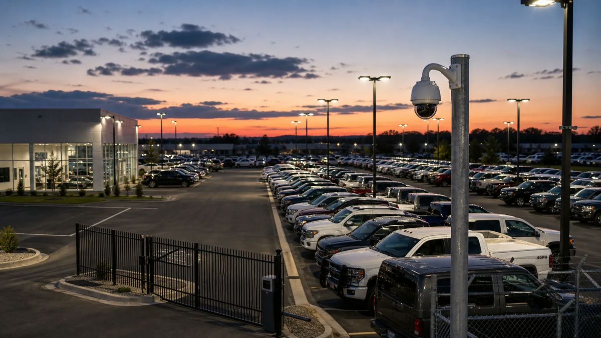 Automotive lot at dusk with rows of vehicles, entrance gate, lot lighting, and pole-mounted security camera