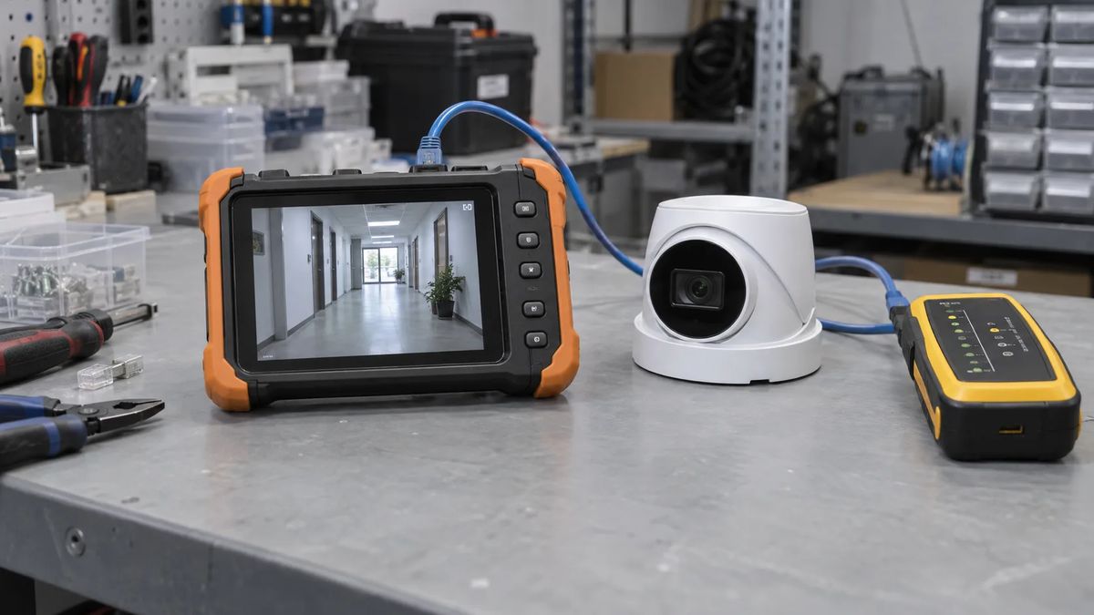 Camera test monitor, turret camera, and cable tester on a workshop bench