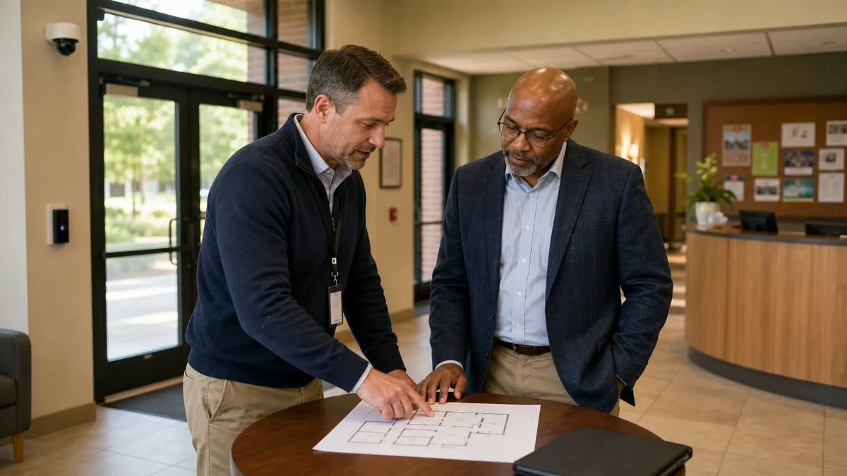 Facility director and security consultant reviewing a security plan in a community building lobby