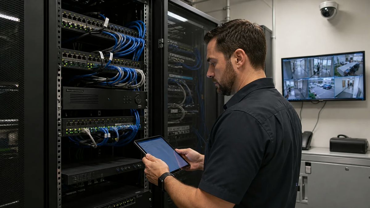 Technician inspecting network equipment that supports connected business security cameras