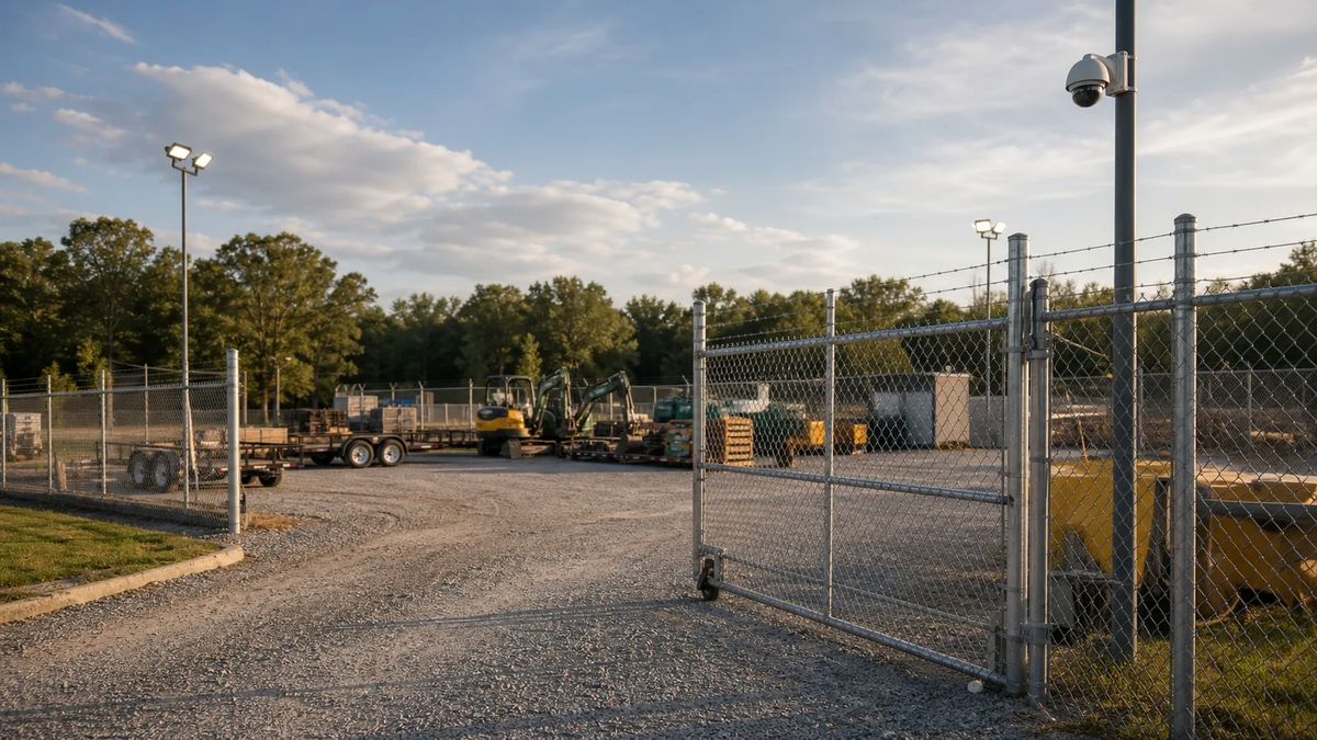 Outdoor equipment yard with gated perimeter, gravel lot, parked equipment, lighting, and pole-mounted security camera