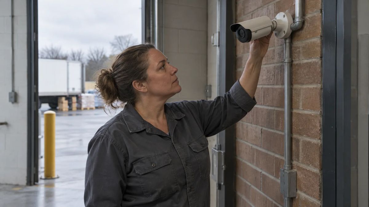 Technician inspecting a wall-mounted security camera beside a commercial loading entrance