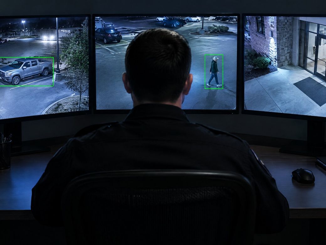 Security operator watching camera feeds where analytics boxes highlight a pickup truck and a walking person