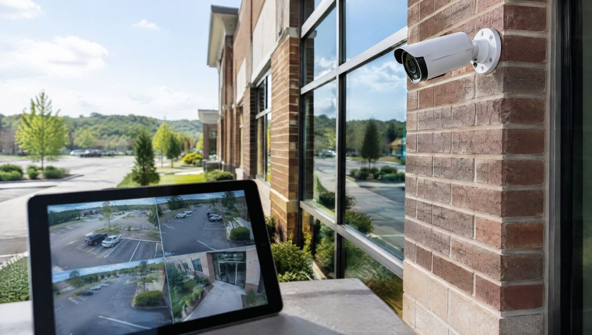 White bullet security camera on a brick office building, with a tablet showing four live camera views