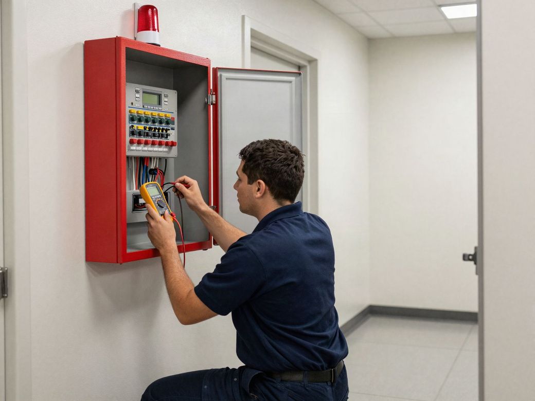Fire alarm technician testing wiring inside an open commercial fire alarm control panel