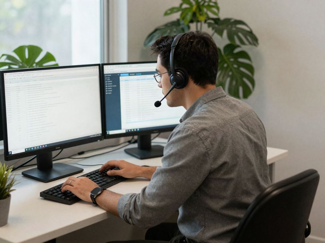 Help desk technician with a headset working a support ticket at a two-monitor desk