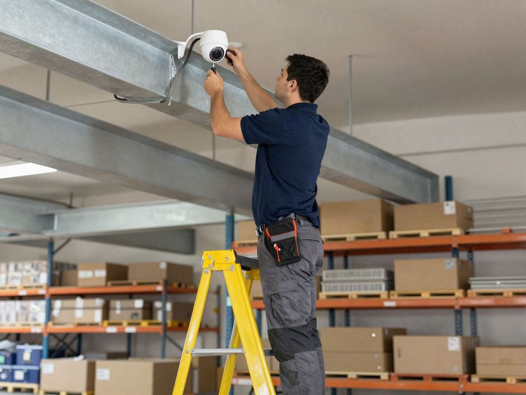 Security installer in a navy work shirt on a step ladder mounting a dome camera to a warehouse beam