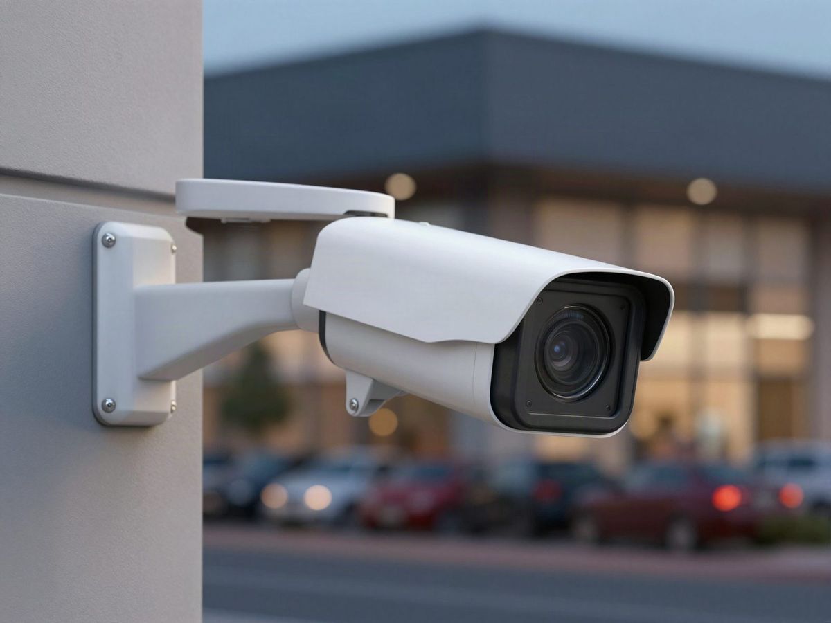 Bullet security camera on a building corner watching a parking lot at dusk