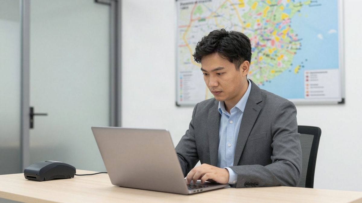 Operations manager working on a laptop in a branch office