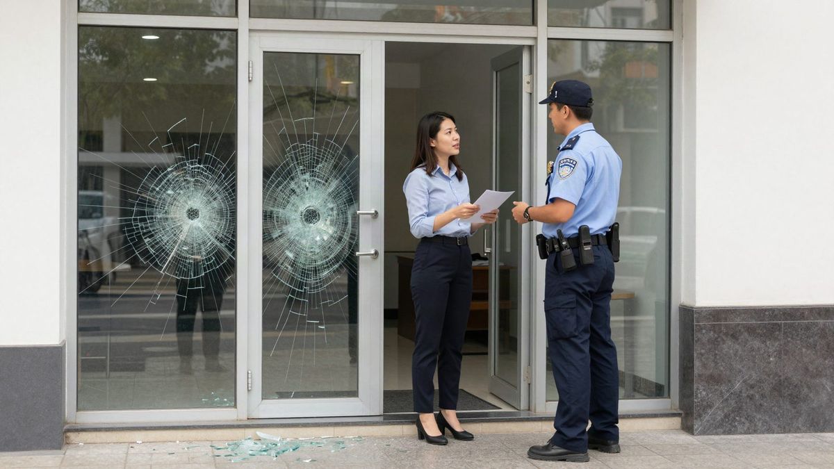 Business owner talking with a police officer outside a storefront with shattered glass