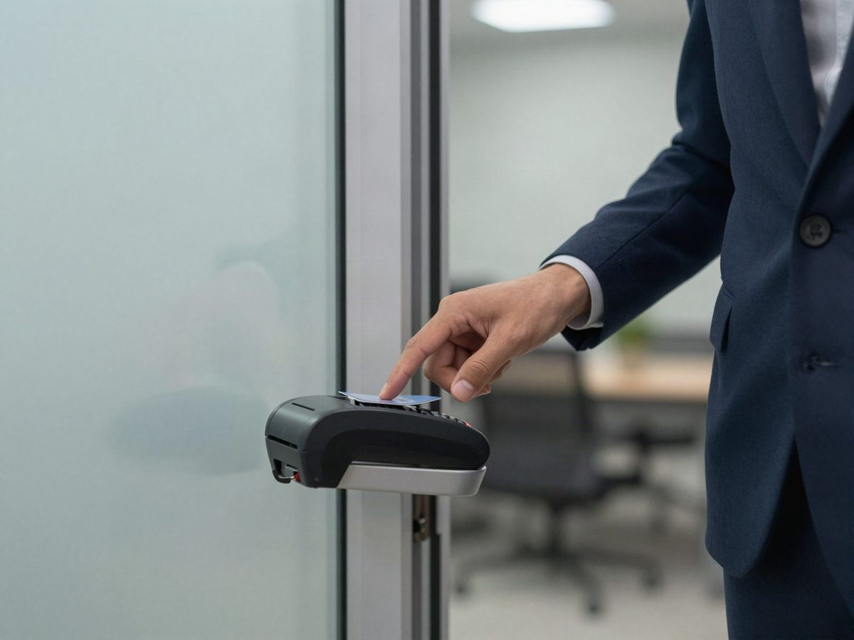 Employee tapping a key card on a reader at a glass office door