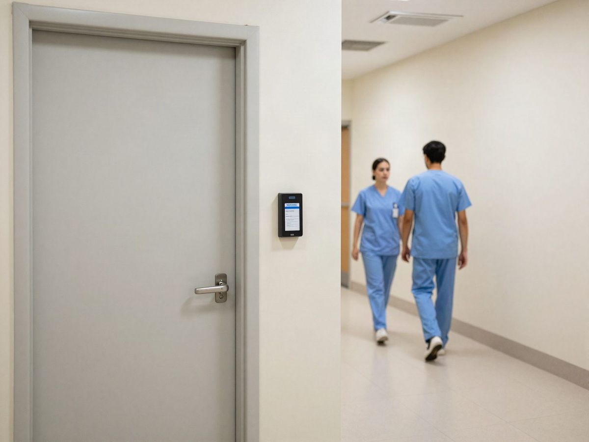 Clinic hallway with a badge reader beside a staff-only door
