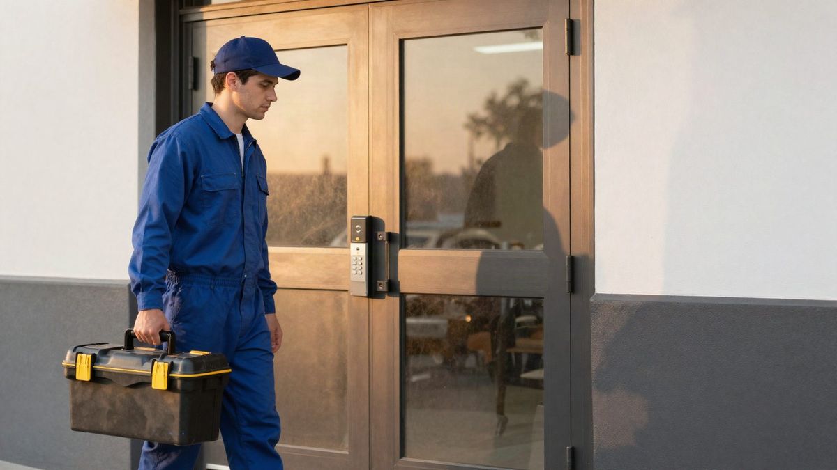 Contractor carrying a toolbox at a commercial service door with a keypad lock