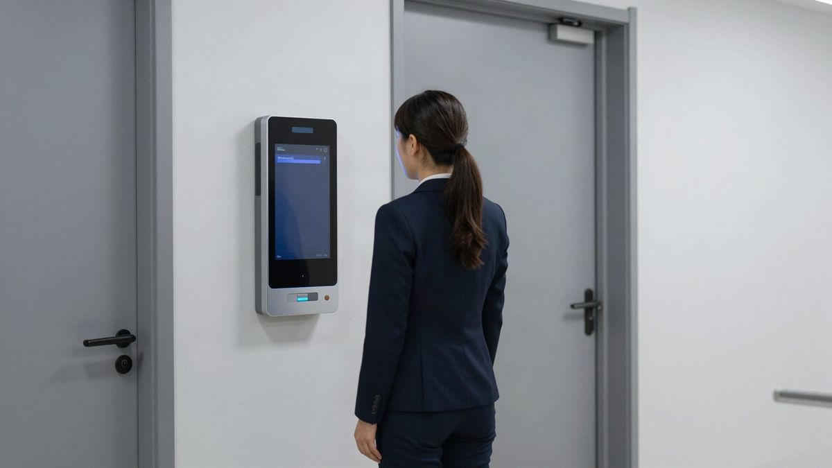 Employee using a facial recognition access terminal at an office door