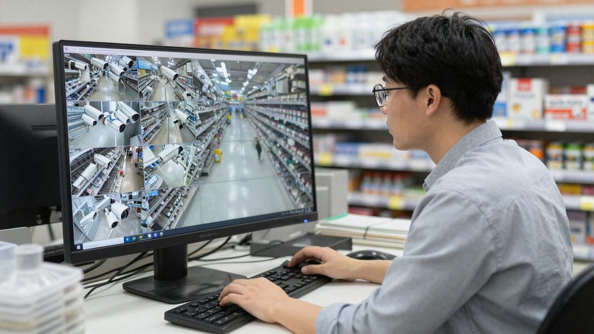 Store manager reviewing camera footage of a store aisle on a computer