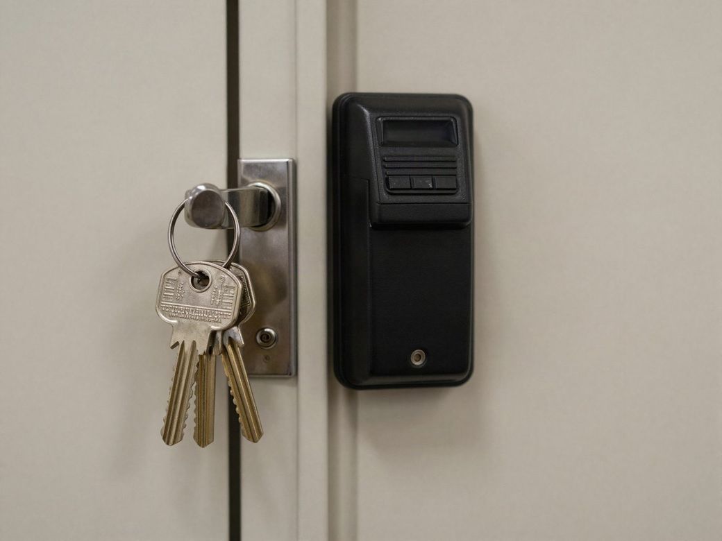 Ring of keys hanging from an office door lock beside a wall-mounted card reader