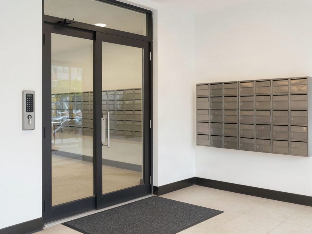 Apartment lobby with a key fob reader beside the glass entry doors and resident mailboxes