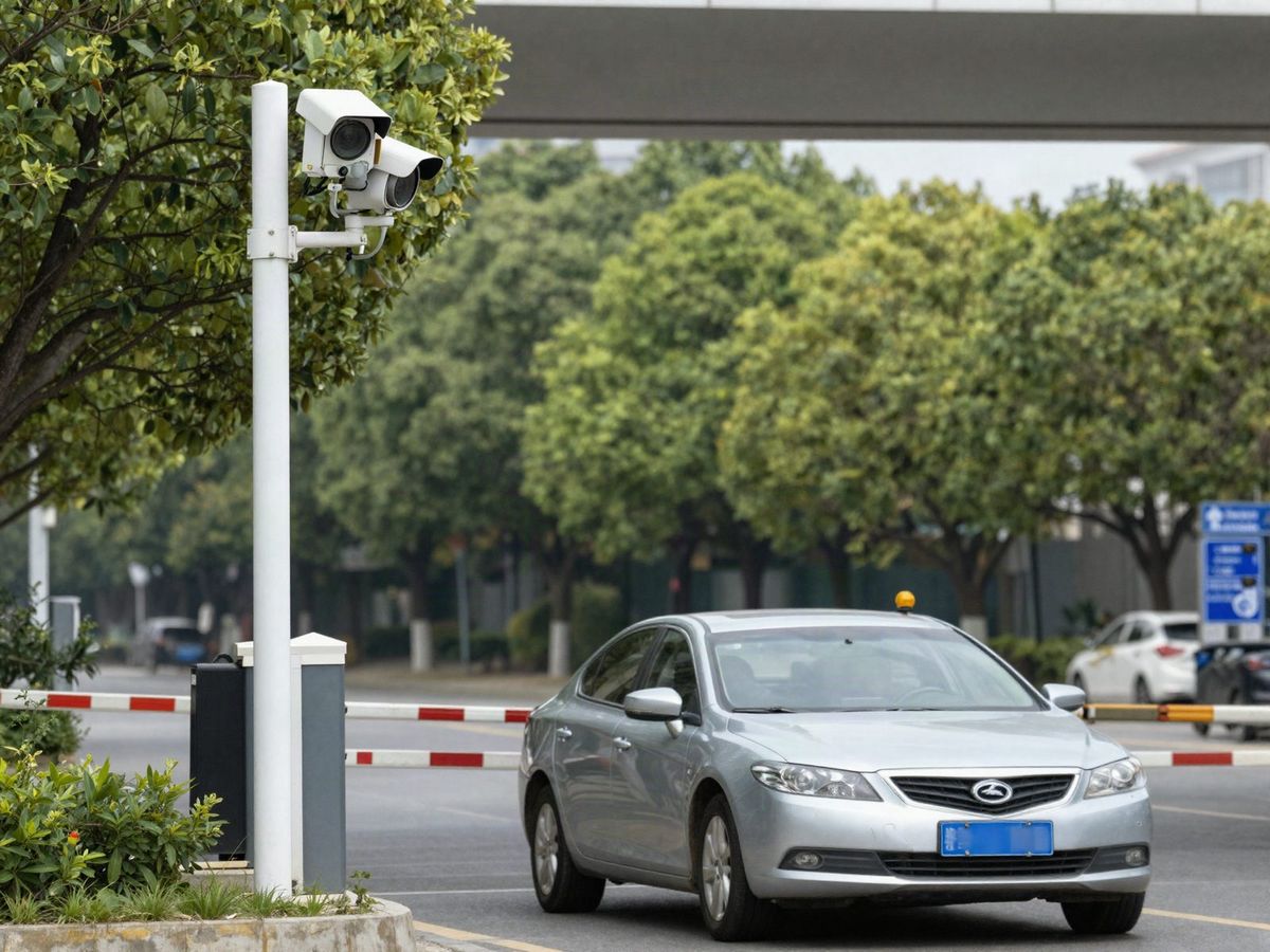 Pole-mounted license plate camera at a gated business entrance as a car approaches