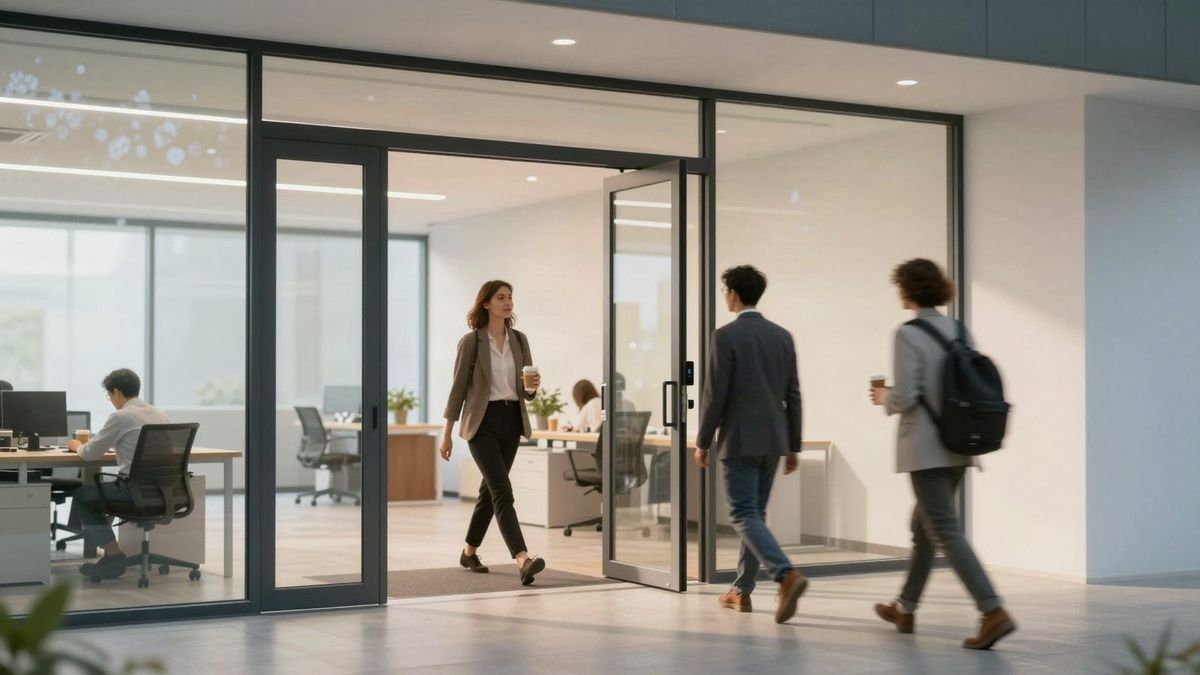 Employees walking into a modern office through glass doors
