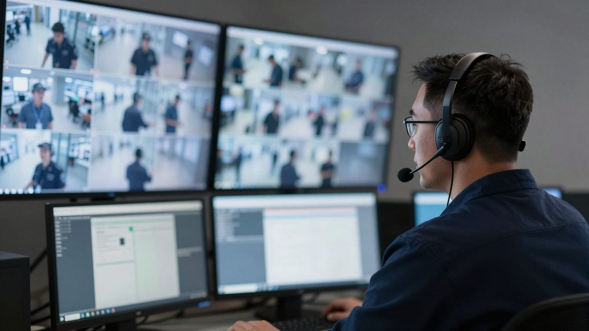 Monitoring operator on a headset watching live camera feeds