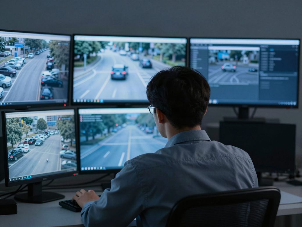 Monitoring analyst watching live parking lot camera feeds on several screens