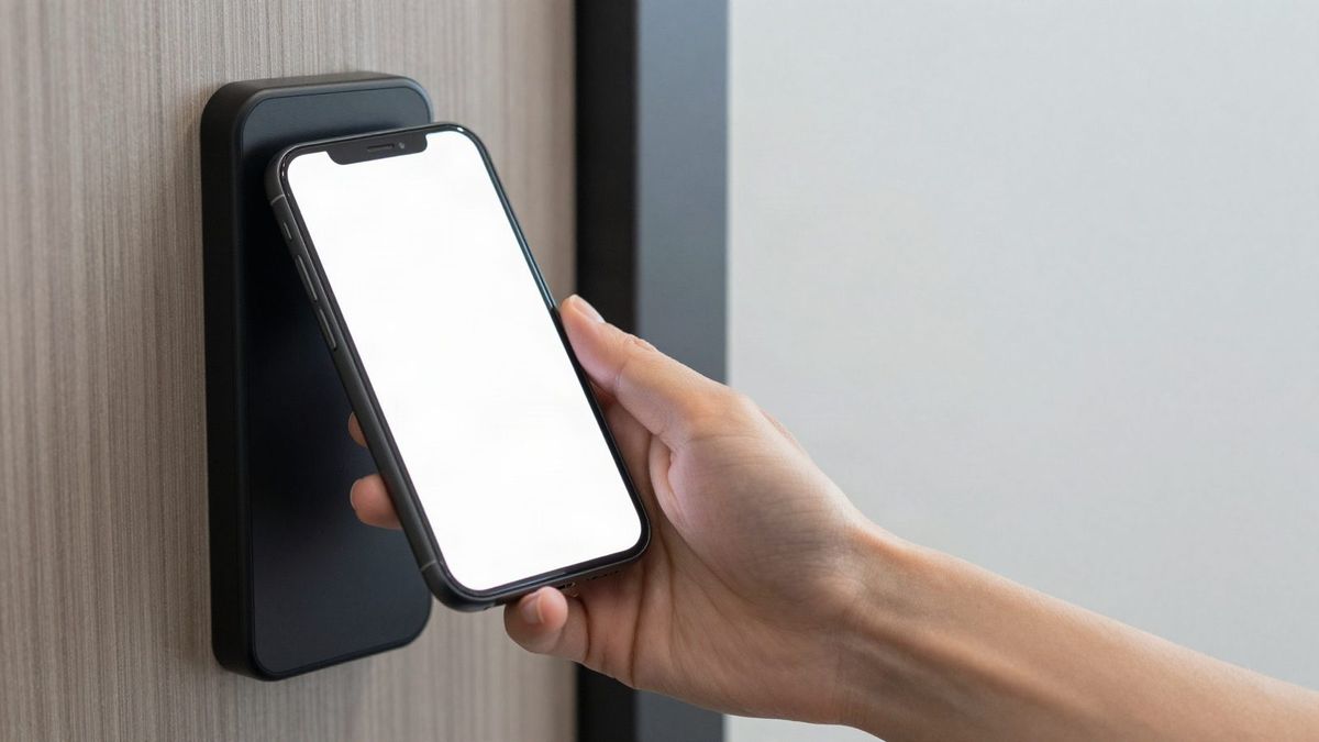 Smartphone held to a door reader to unlock an office door
