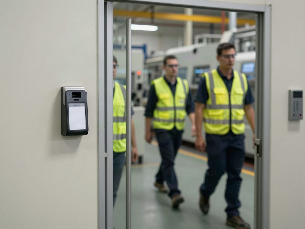 Plant workers in hi-vis vests walking through a badge-controlled personnel door