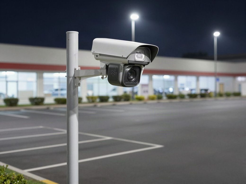 Pole-mounted PTZ camera with a talk-down speaker over an empty parking lot at night