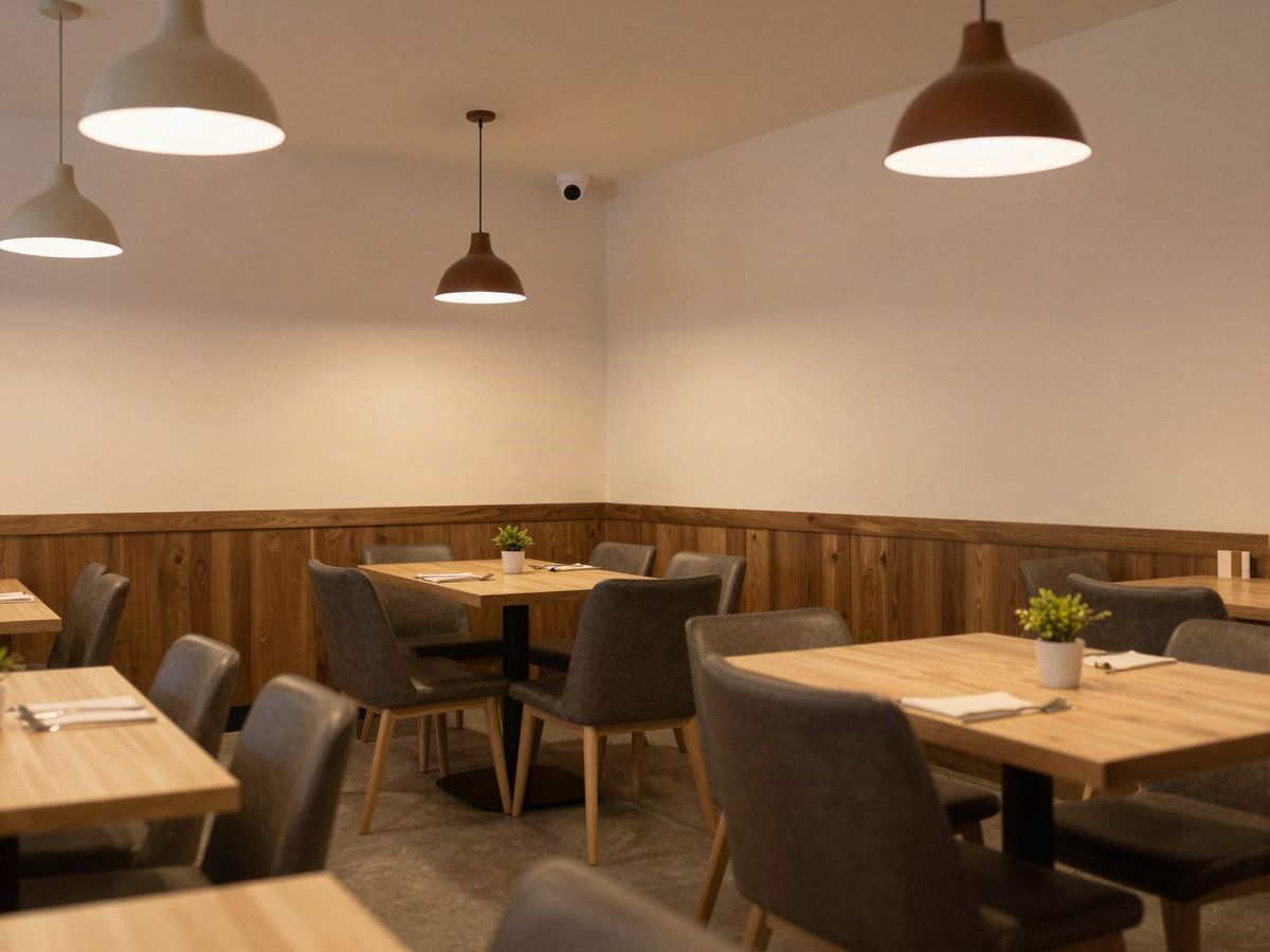 Empty restaurant dining room after closing with a dome camera on the ceiling