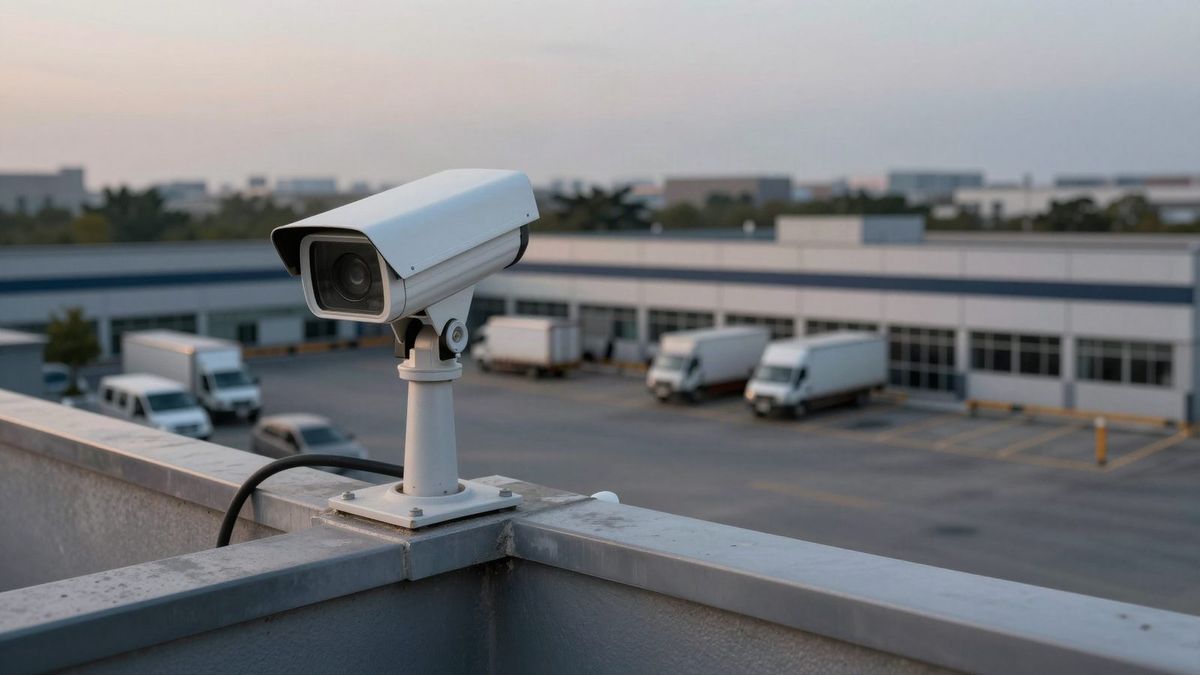 Rooftop security camera overlooking a business yard with parked box trucks at dusk