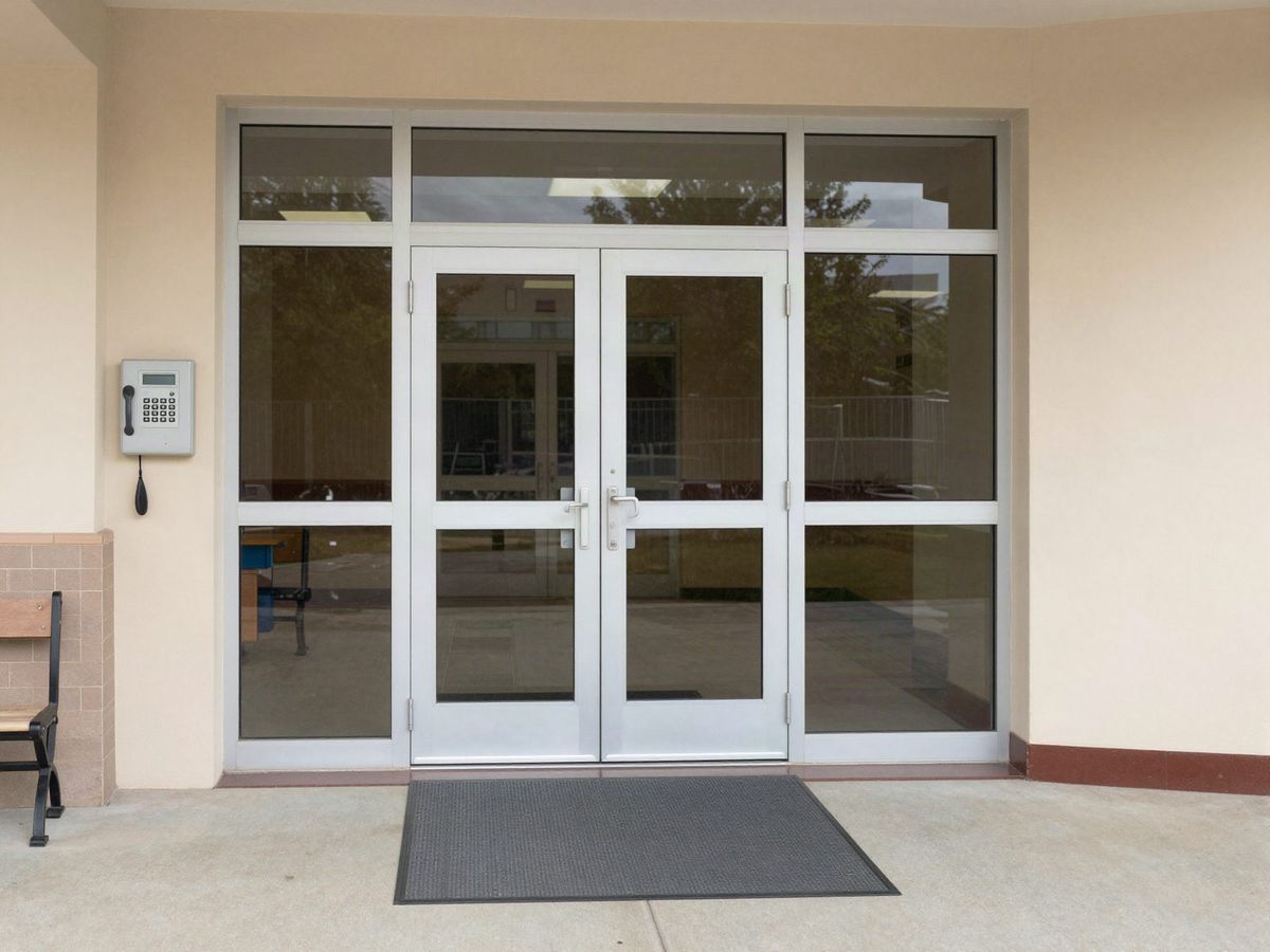 School entrance vestibule with glass doors and an intercom call box