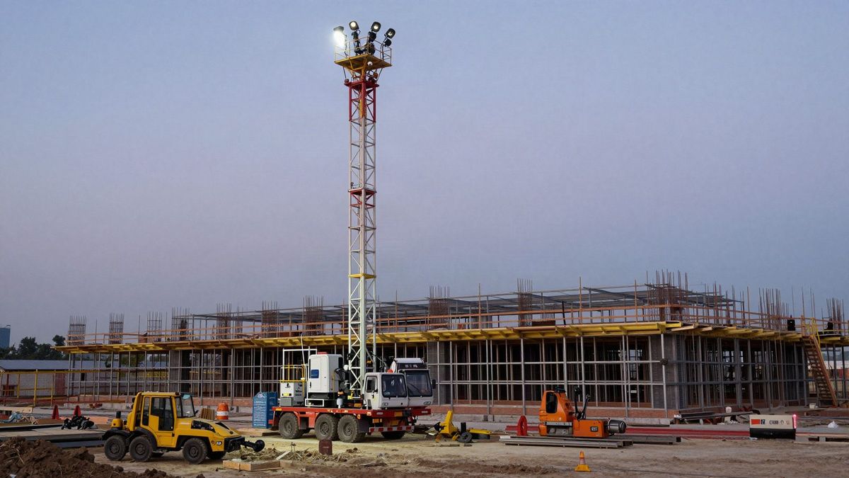 Construction site at dusk with a portable camera and light tower beside steel framing