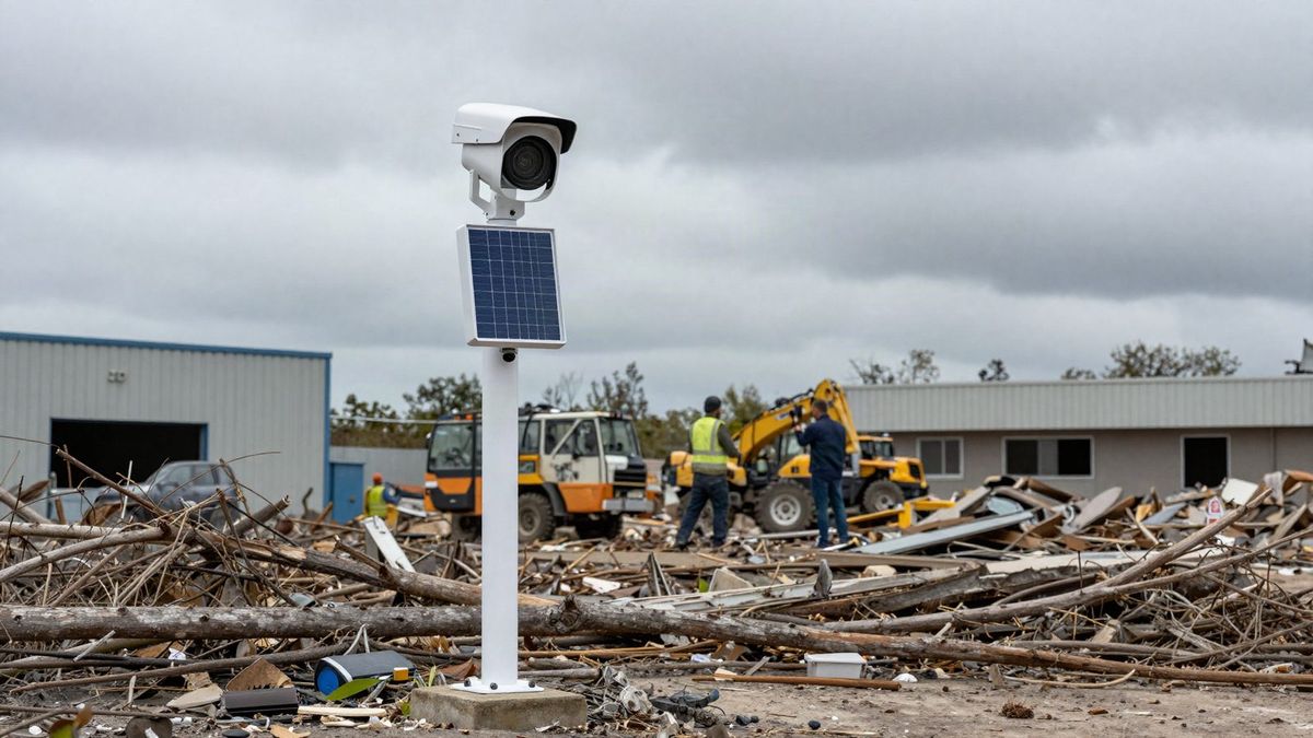Solar-powered surveillance camera watching over a storm-damaged site during cleanup