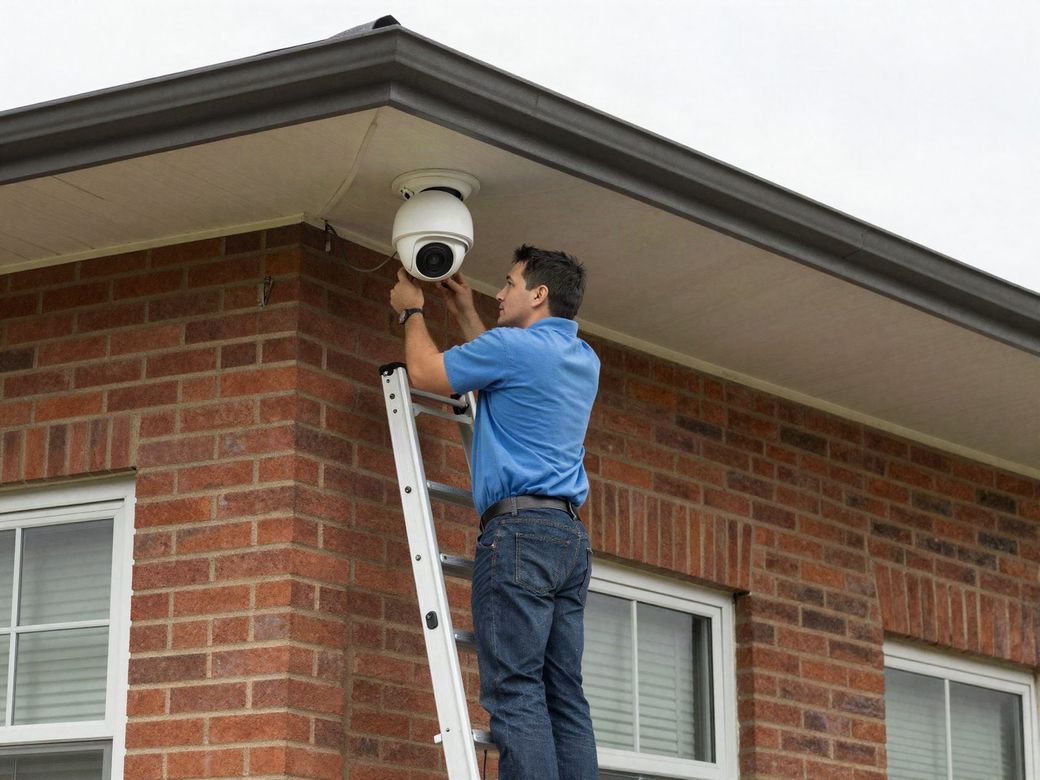 Technician on a ladder installing a dome security camera on a brick building
