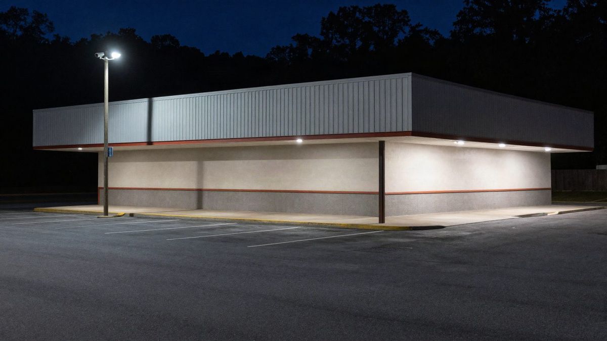 Closed commercial building and empty parking lot at night under a single pole light