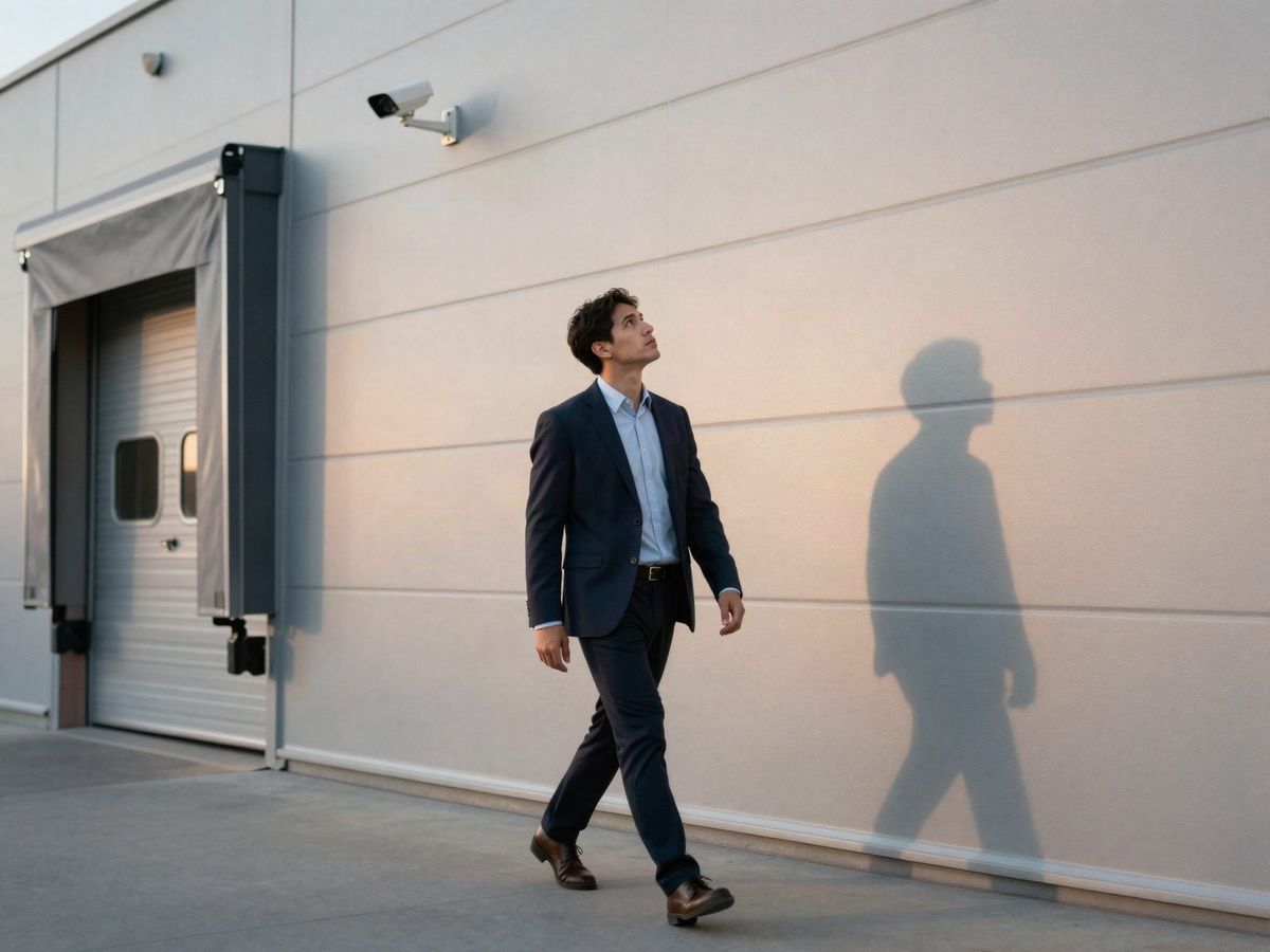 Business owner walking past a warehouse at dusk and checking a wall-mounted camera