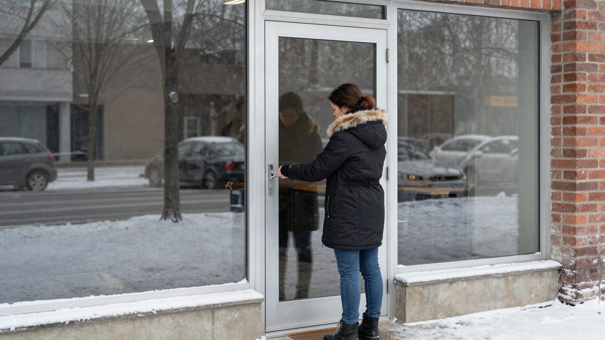 Business owner in a winter coat at the storefront door on a snowy morning