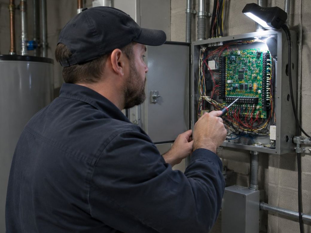 Technician working inside an open alarm control panel in a utility room