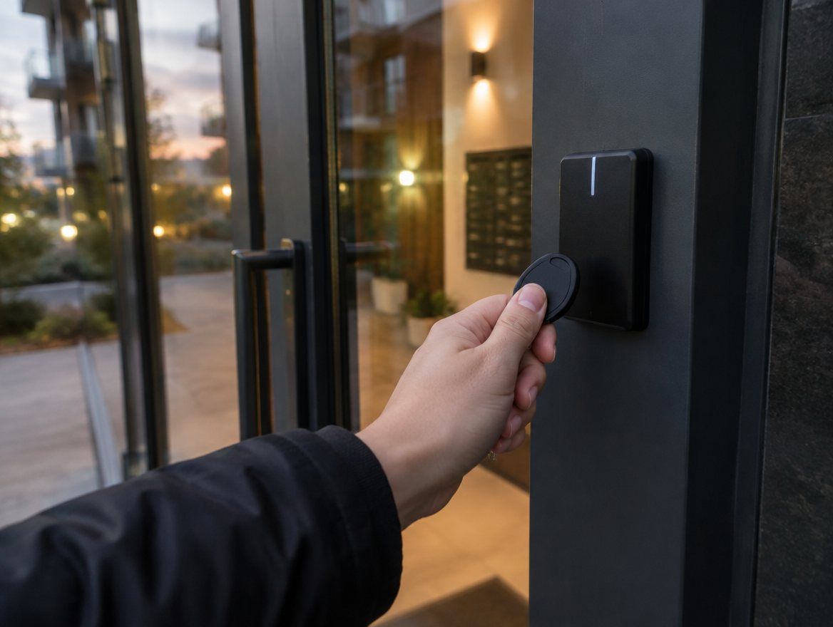Resident holding a key fob to an access control reader at an apartment building door