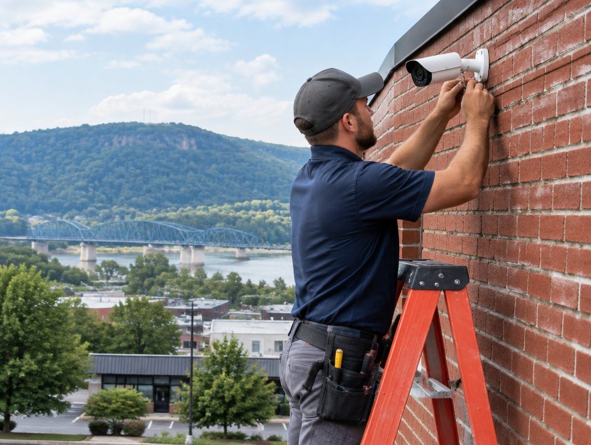 Security technician on a ladder installing a bullet camera on a brick commercial building, with the river and hills behind