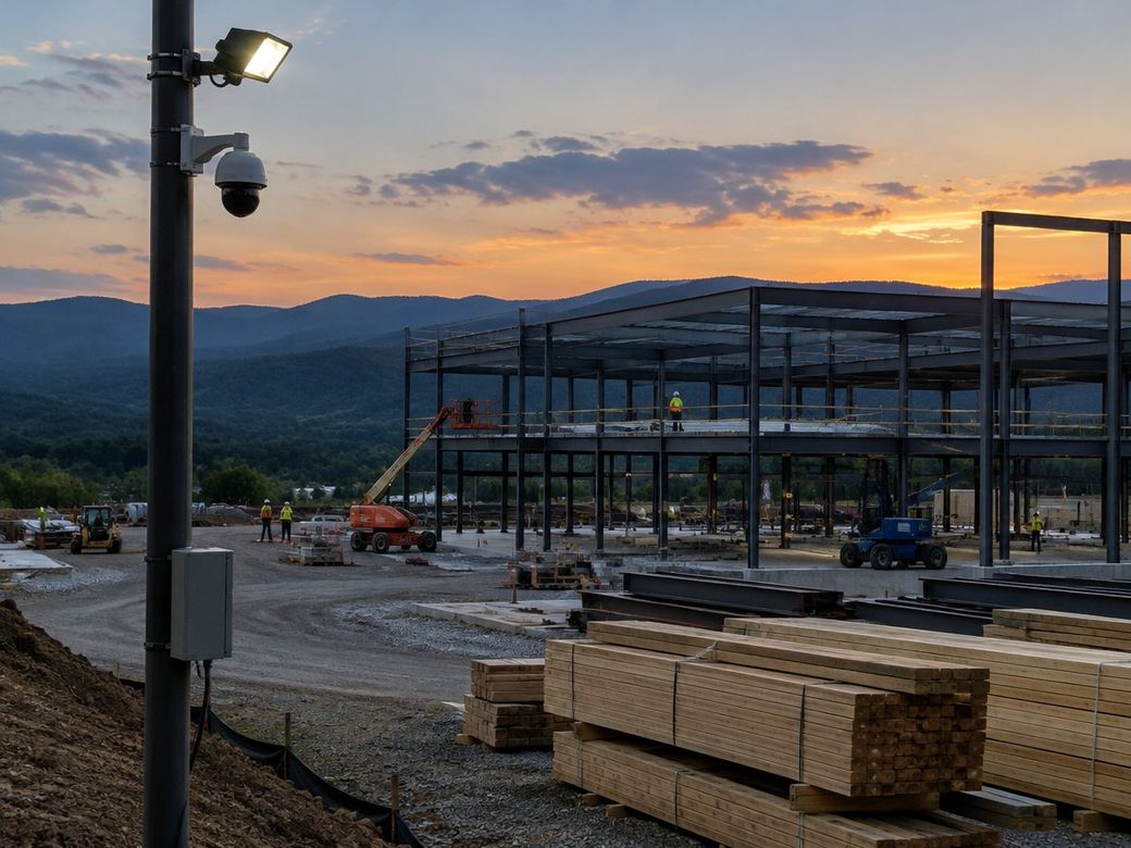 Steel-frame building under construction with a pole-mounted security camera and floodlight at dusk
