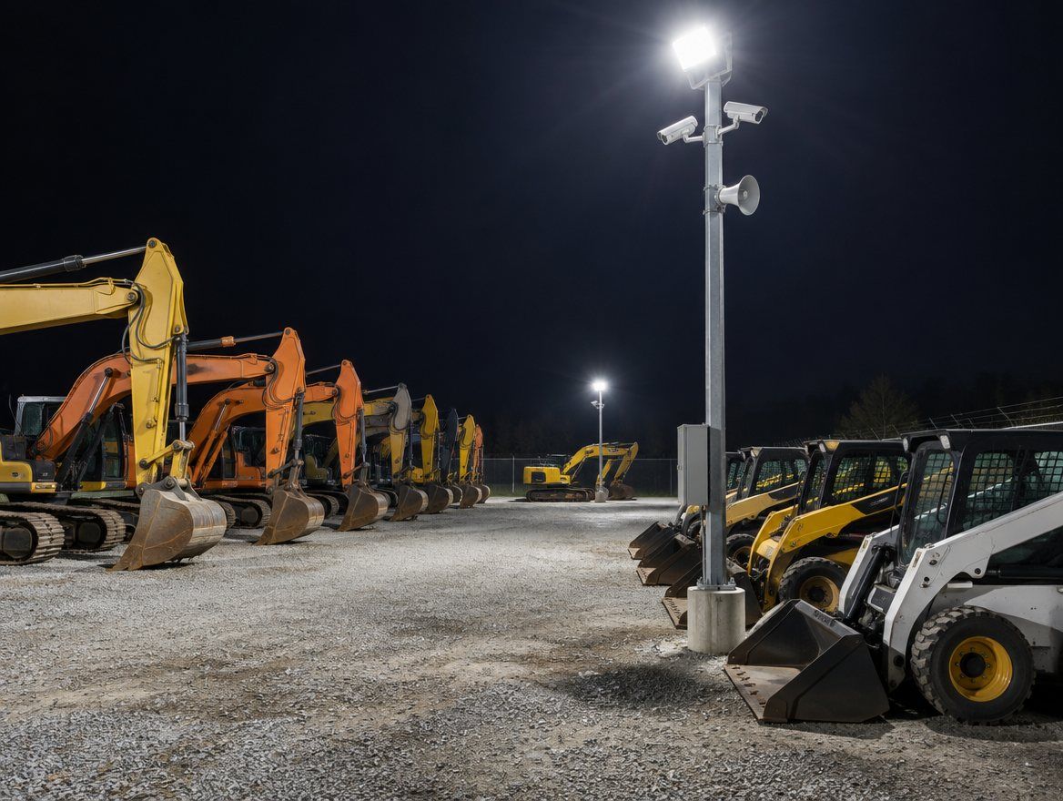 Equipment yard at night with excavators and loaders under a pole with security cameras, a floodlight and a talk-down speaker