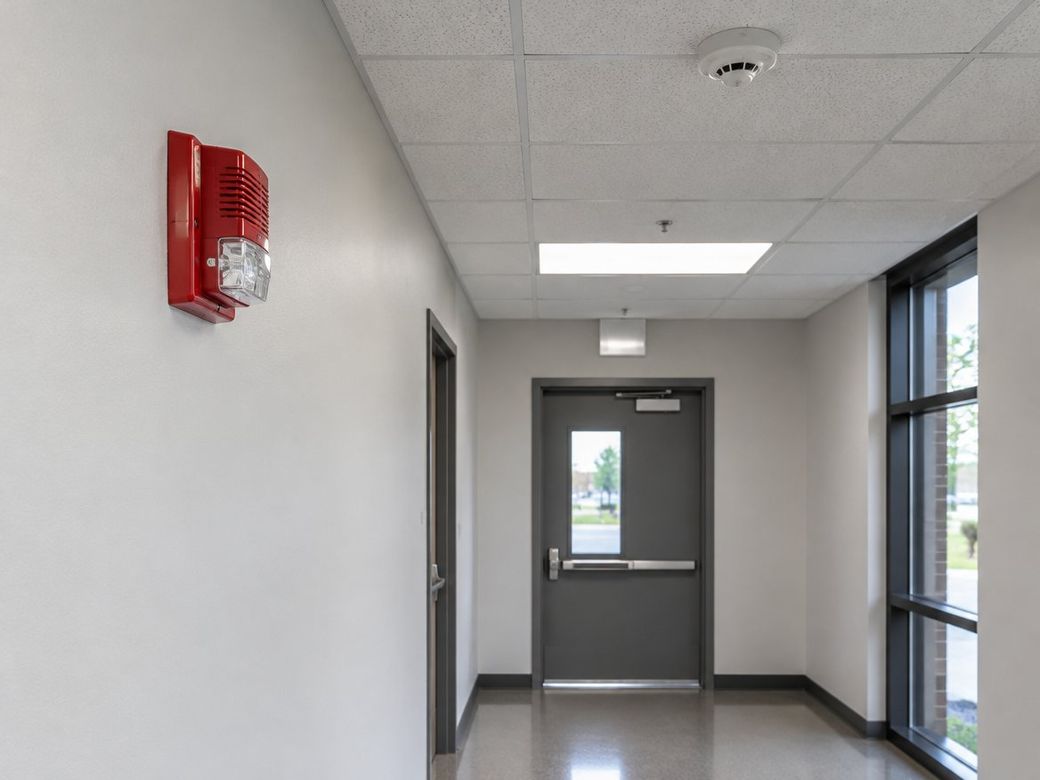Fire alarm horn strobe and ceiling smoke detector in a commercial building corridor