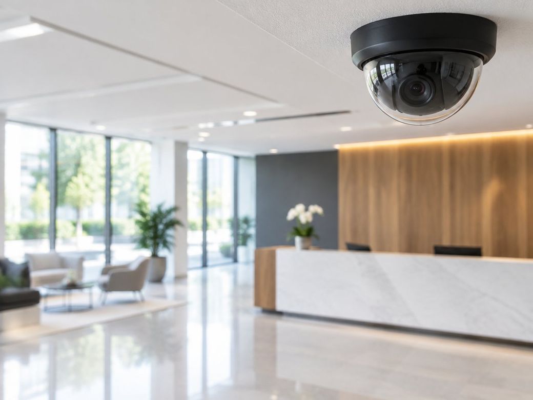 Dome security camera on the ceiling of a modern office lobby with a reception desk