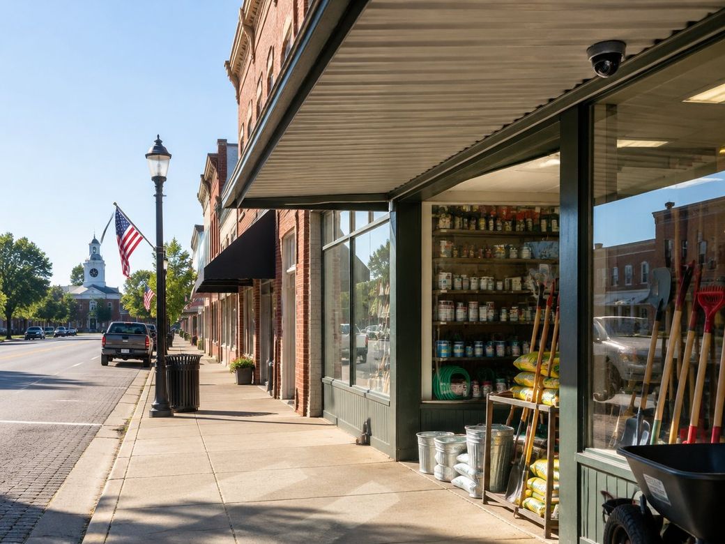 Small-town Tennessee main street storefront with a security camera under the awning